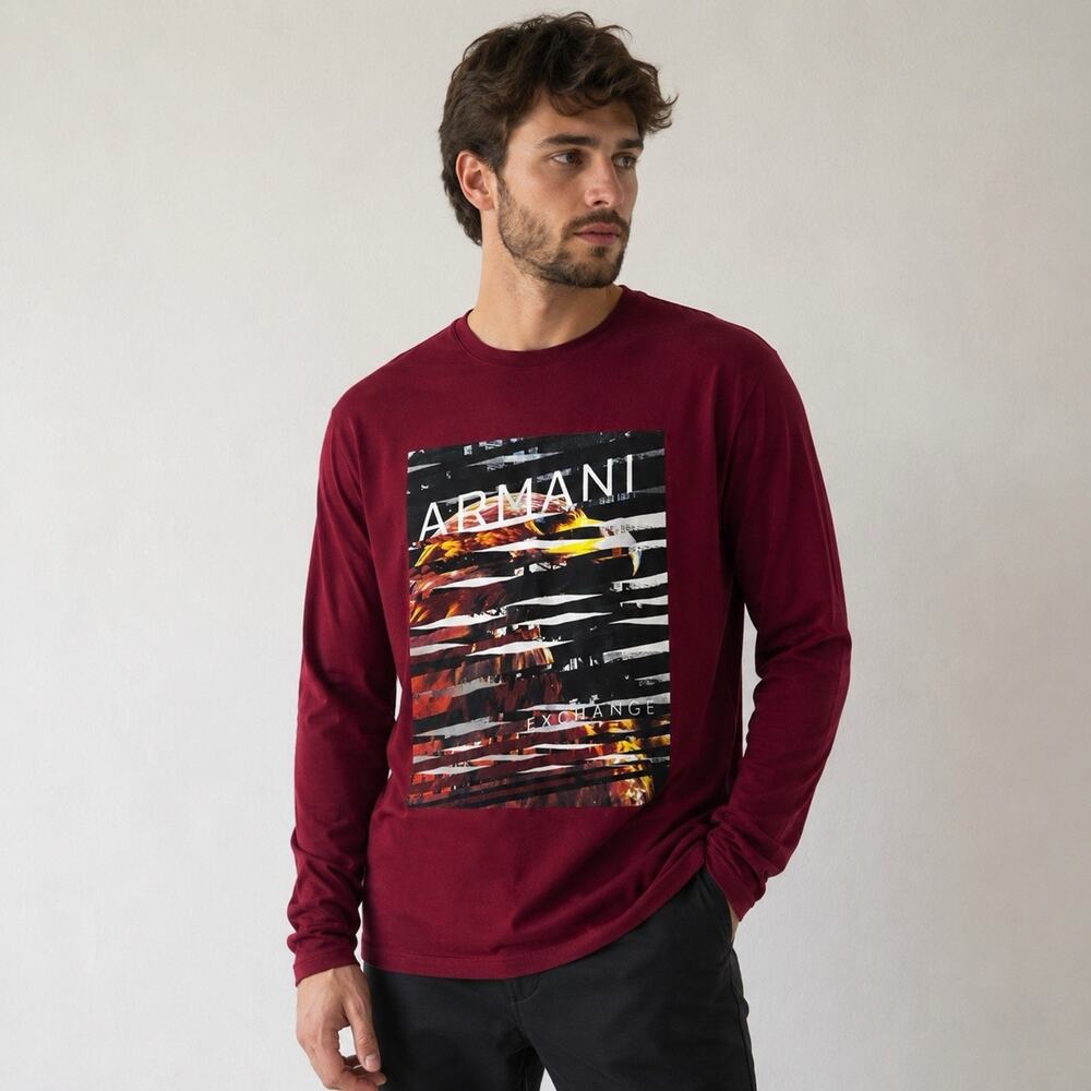 Armani Exchange A|X Men’s Large Burgundy Graphic Long Sleeve T-Shirt Logo